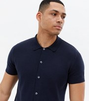 New Look Navy Soft Fine Knit Button Up Polo Shirt